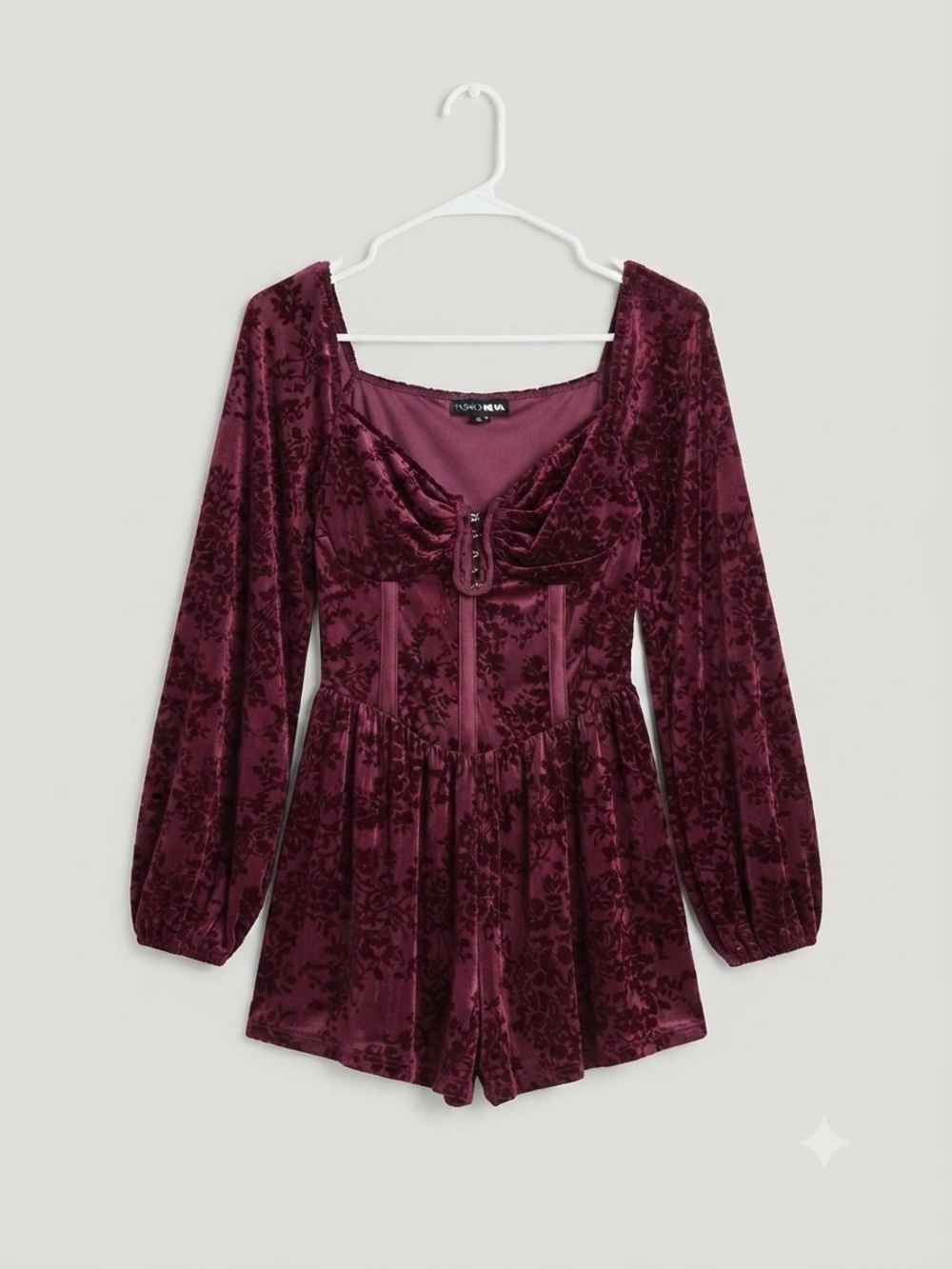 Fashion Nova Burgundy Velvet Floral Romper